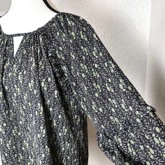 Beacon Apparel Womens Boho Floral Blouse Black Green 3/4 Balloon Sleeve Top M - Picture 6 of 8